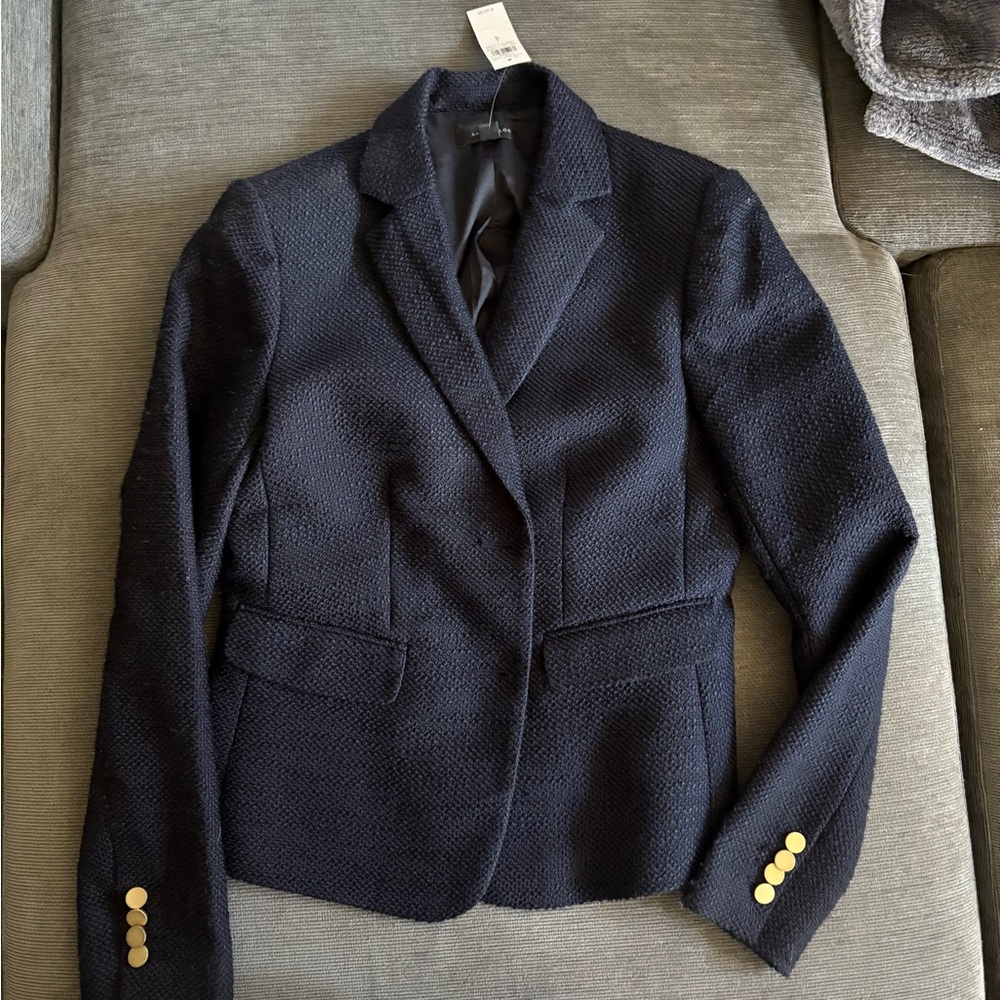 Ann Taylor Navy Textured Blazer with Gold Buttons